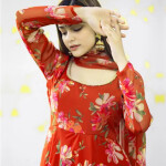 Digital Printed Chiffon A Line Suit in Red