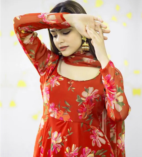 Digital Printed Chiffon A Line Suit in Red