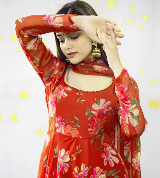 Digital Printed Chiffon A Line Suit in Red