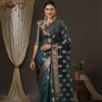 Teal Blue & Gold-Toned Woven Design Zari Organza Bagh Sarees