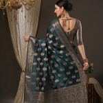 Teal Blue & Gold-Toned Woven Design Zari Organza Bagh Sarees