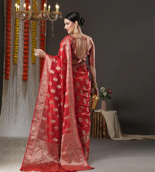 Teal Blue & Gold-Toned Woven Design Zari Organza Bagh Sarees