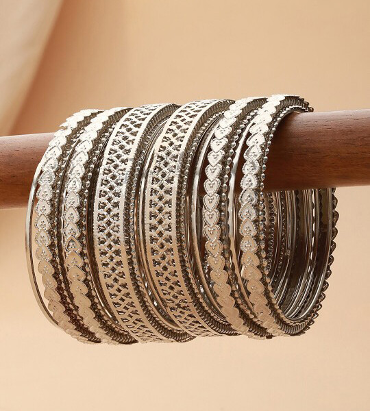 Jazz Set Of 18 Silver-Plated Oxidised Textured Bangles