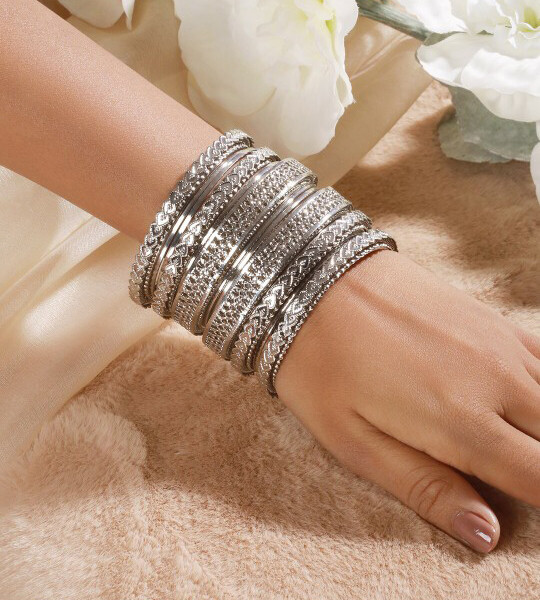 Jazz Set Of 18 Silver-Plated Oxidised Textured Bangles
