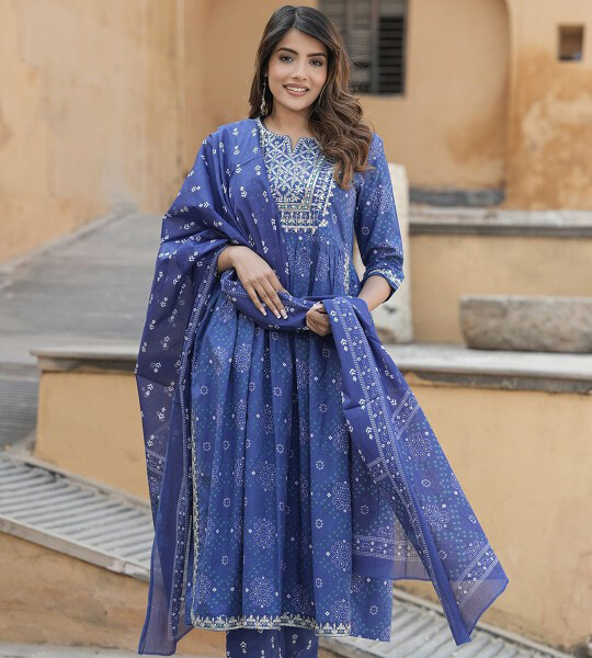 Notch Neck Bandhani Embroidered Regular Thread Work Pure Cotton Kurta Set