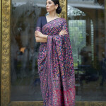 Mitera Navy Blue & Pink Floral Zari Silk Blend Banarasi Saree