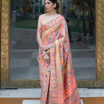 Mitera Navy Blue & Pink Floral Zari Silk Blend Banarasi Saree