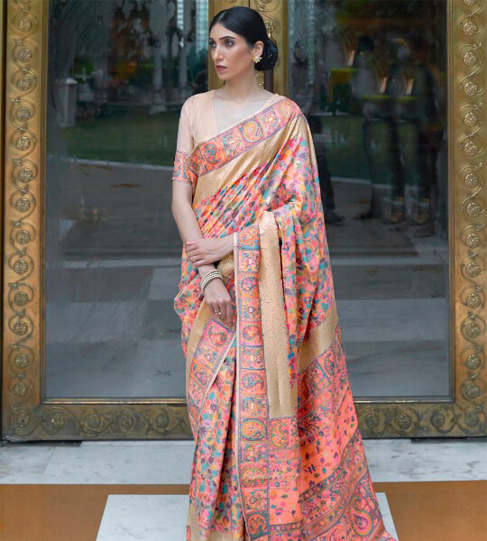 Mitera Navy Blue & Pink Floral Zari Silk Blend Banarasi Saree