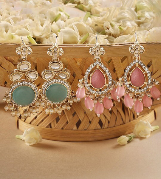 Zaveri Pearls Set Of 2 Gold-Plated Drop Earrings