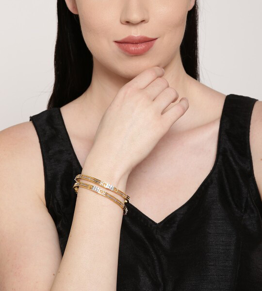 Priyaasi Set of 2 Silver-Toned Gold-Plated AD Studded Handcrafted Bangles