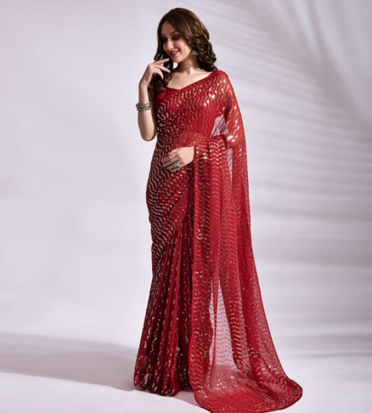 Red Embellished Sequinned Pure Georgette Saree