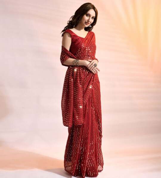Red Embellished Sequinned Pure Georgette Saree