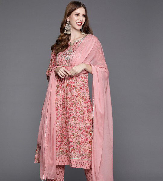 Women Pink Printed Gotta Patti Pure Cotton Kurta with Trousers & Dupatta