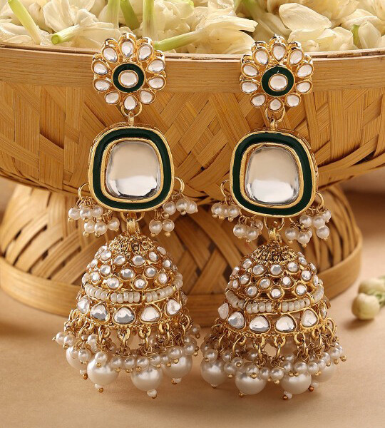 Zaveri Pearls Gold Plated Studded & Beaded Jhumkas