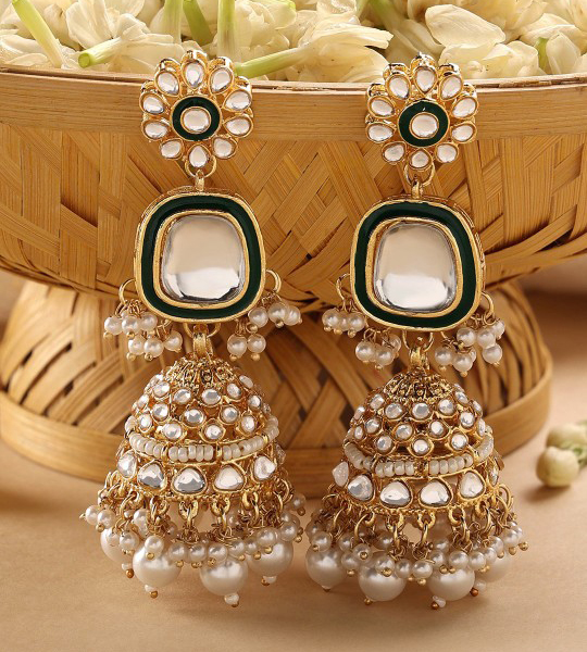 Zaveri Pearls Gold Plated Studded & Beaded Jhumkas