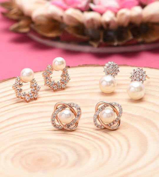 Zaveri Pearls Pack of 3 Gold-Toned Contemporary Studs